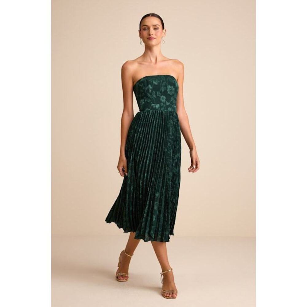 Lulus Perfectly Stunning Emerald Jacquard Strapless Midi Dress Green - Size M